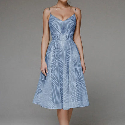 Sweetheart Spaghetti Strap Geometric Sequin Embellished Fit and Flare Midi Dress