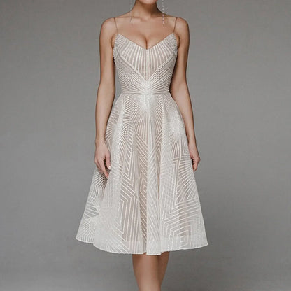Sweetheart Spaghetti Strap Geometric Sequin Embellished Fit and Flare Midi Dress