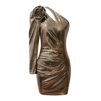 Elegant One Shoulder Bronzing Hollow Out Long Sleeve Mini Dress