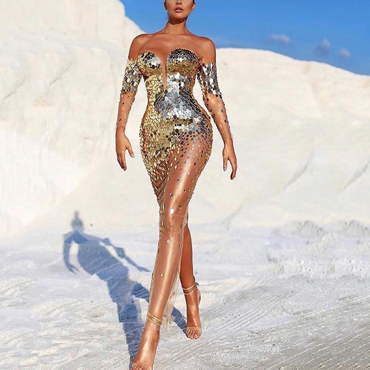 Elegant Party For Women 2024 Sexy Mesh See Through Deep V Neck Evening Prom Dress