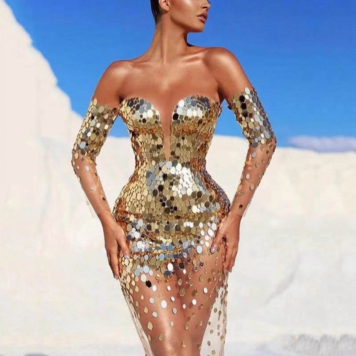 Elegant Party For Women 2024 Sexy Mesh See Through Deep V Neck Evening Prom Dress