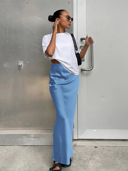 Elegant Satin Black Trumpet Skirts Fashion Slim High Waist Skirts Women Female 2025 Solid Office Long Skirt Spring Summer