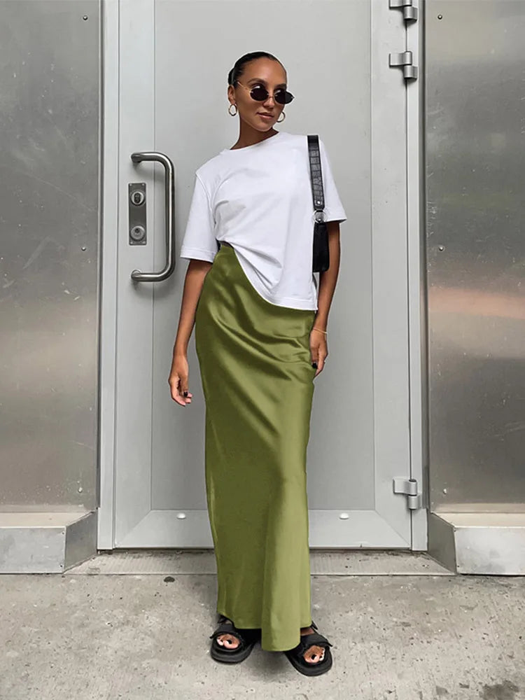 Elegant Satin Black Trumpet Skirts Fashion Slim High Waist Skirts Women Female 2025 Solid Office Long Skirt Spring Summer