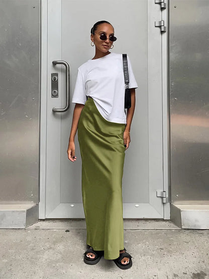 Elegant Satin Black Trumpet Skirts Fashion Slim High Waist Skirts Women Female 2025 Solid Office Long Skirt Spring Summer