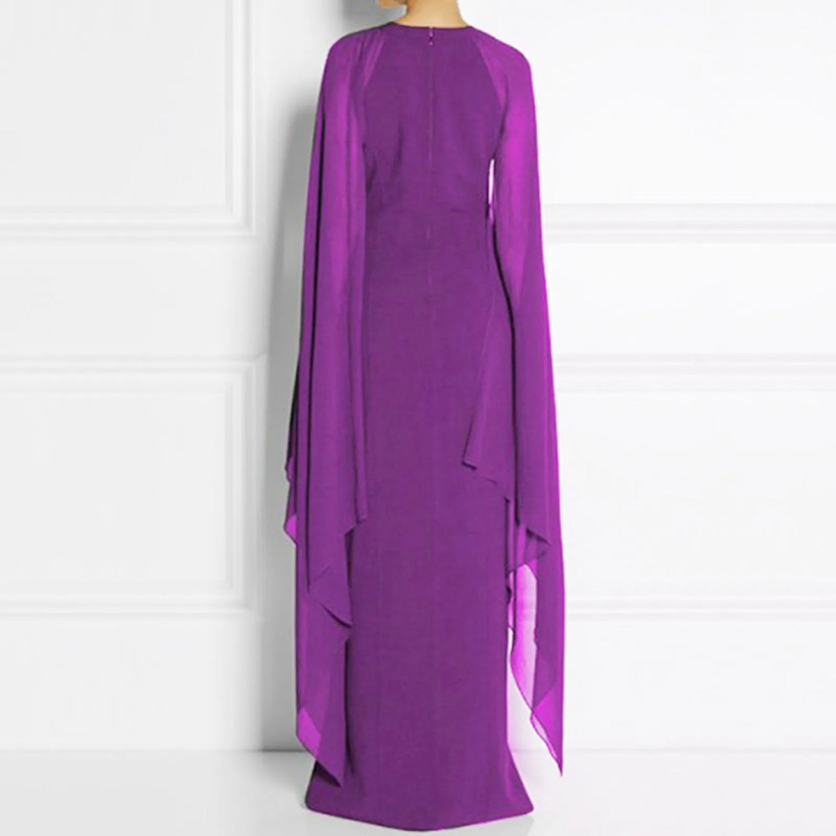 Sheer Cape Sleeve Round Neck High Split Maxi Gown
