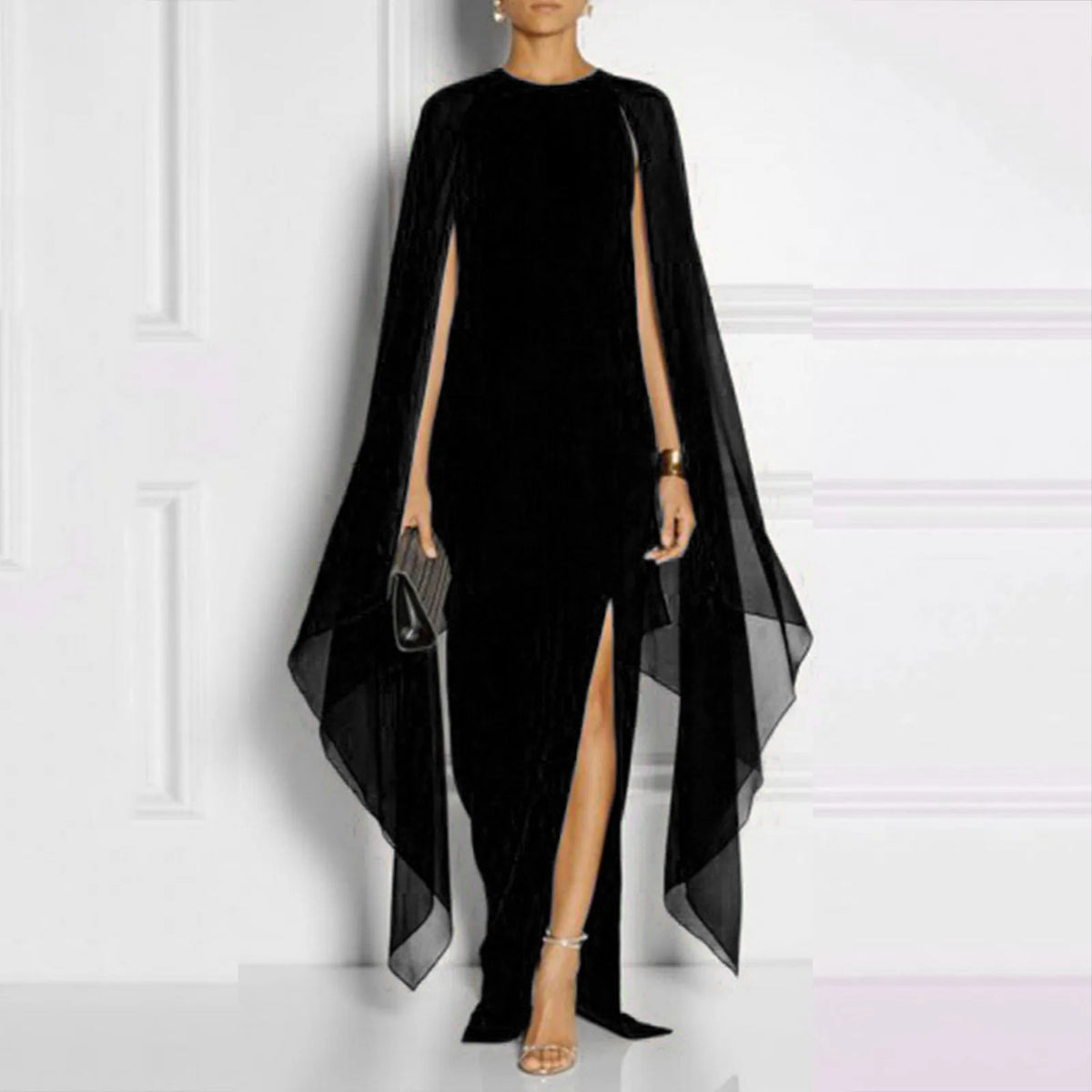 Sheer Cape Sleeve Round Neck High Split Maxi Gown