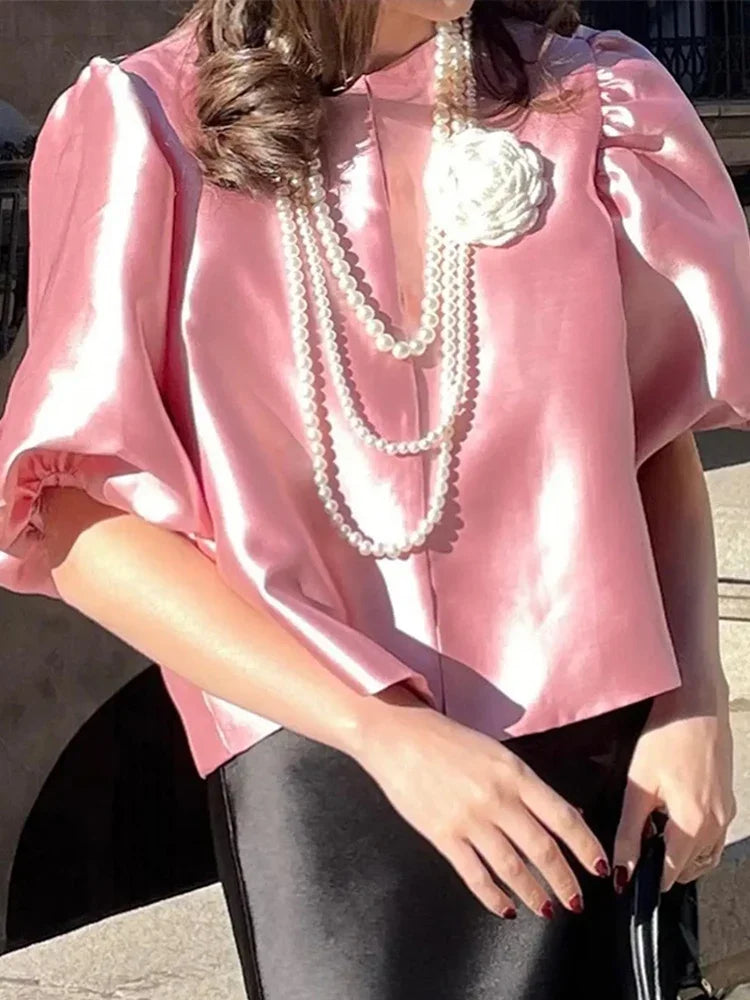 Elegant White Satin Short O-neck Female Lady Blouse