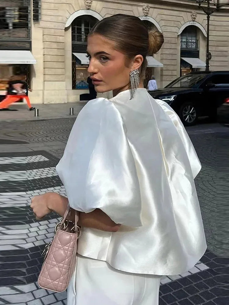 Elegant White Satin Short O-neck Female Lady Blouse
