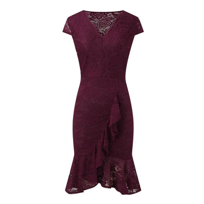Floral Lace Cap Sleeve V-Neck Ruffle Front Asymmetrical Hem Midi Dress