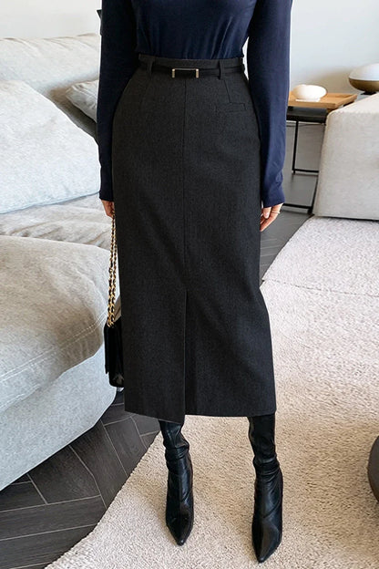 Elegant Striped Faux Wool Belted Casual High Waist A-Line Skirt