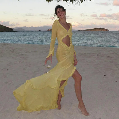 Elegant Yellow See Through Ruched Summer Long Sleeve Maxi Dress