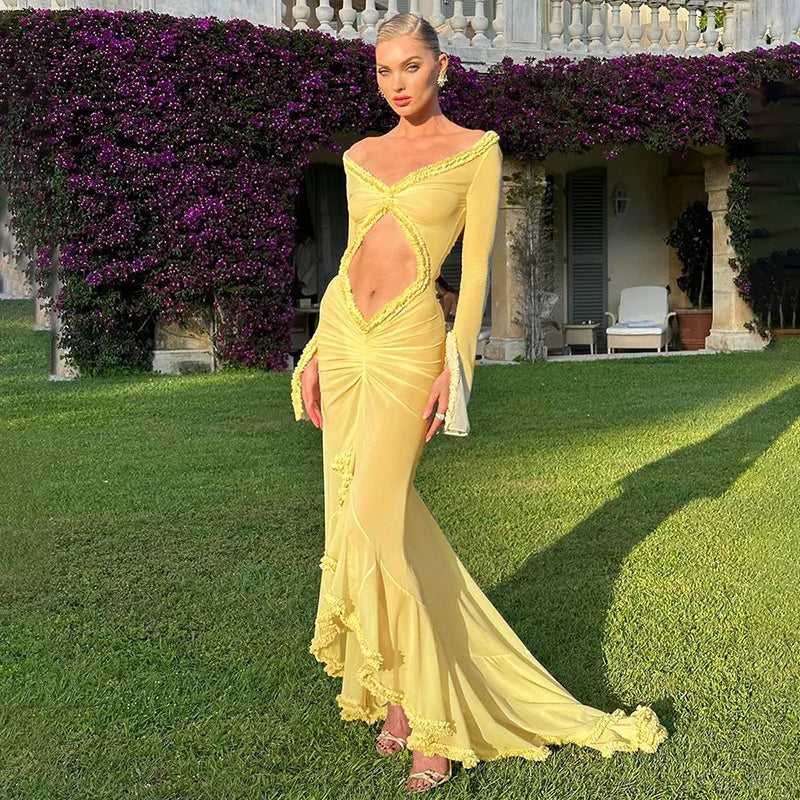 Elegant Yellow See Through Ruched Summer Long Sleeve Maxi Dress