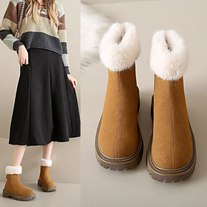 Elegant and Simple Women's Plush Shoes 2024 New Back Zipper Design Fashionable and Versatile Winter Cotton Boots Botas De Muj