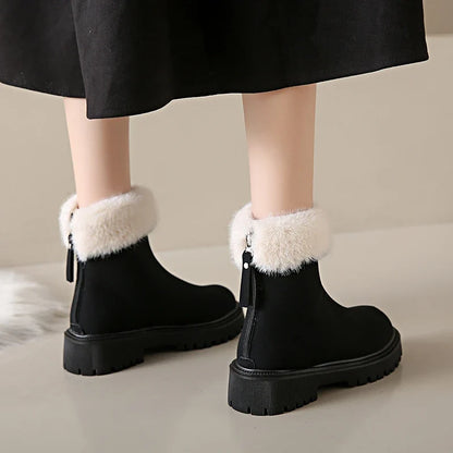 Elegant and Simple Women's Plush Shoes 2024 New Back Zipper Design Fashionable and Versatile Winter Cotton Boots Botas De Muj