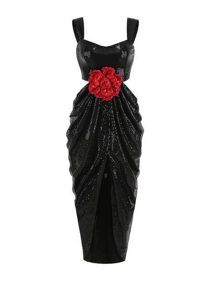 Sequin Square Neck Waist Cut Out 3D Floral Tulip Hem Maxi Gown