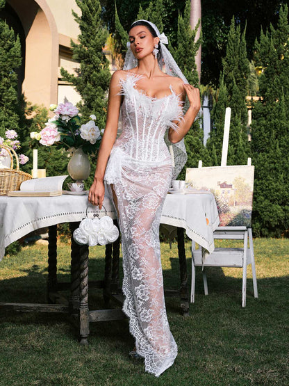 Strapless Lace Corset Feather Trim High Slit Wrap Maxi Gown
