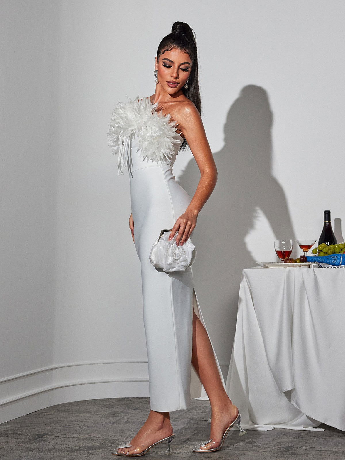Strapless 3D Fringe Floral Bust Bandage Bodycon Maxi Dress