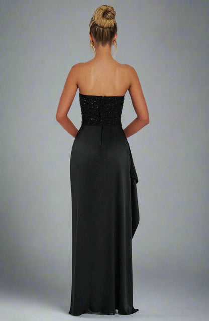 Strapless Sweetheart Crystal Embellished Corset Bodice Satin Thigh Slit Maxi Dress