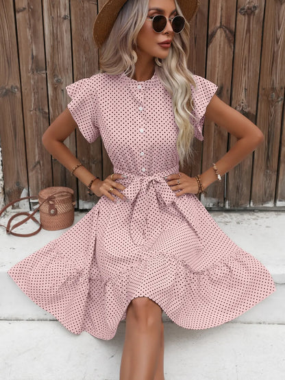 Polka Dot Print Mock Neck Button Front Flutter Sleeve Tie Waist Midi Dress