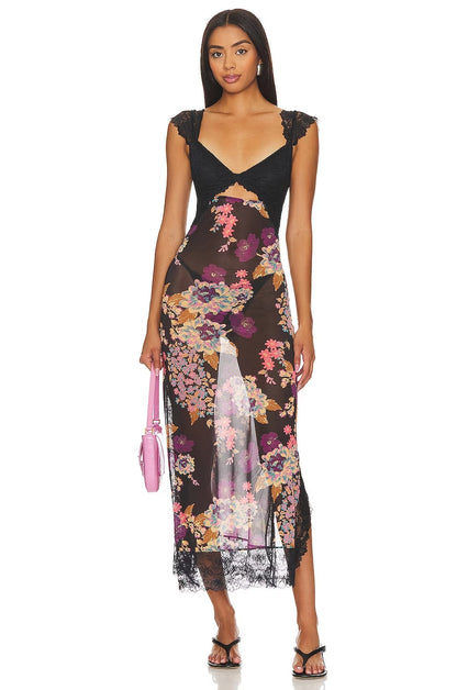 Lace Bodice Cutout Floral Print Satin Maxi Slip Dress