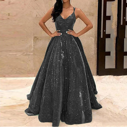 Fall For Women 2024 Spaghetti Strap Sleeveless Glitter Sequin Big Swing Formal Elegant Evening Prom Dress