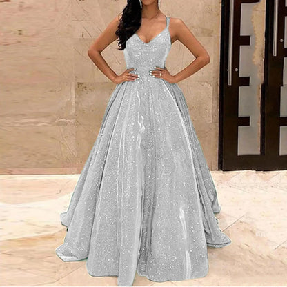 Fall For Women 2024 Spaghetti Strap Sleeveless Glitter Sequin Big Swing Formal Elegant Evening Prom Dress
