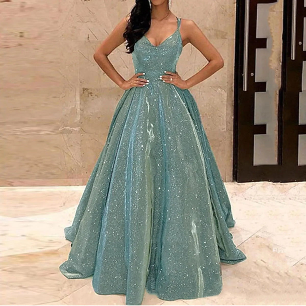 Fall For Women 2024 Spaghetti Strap Sleeveless Glitter Sequin Big Swing Formal Elegant Evening Prom Dress