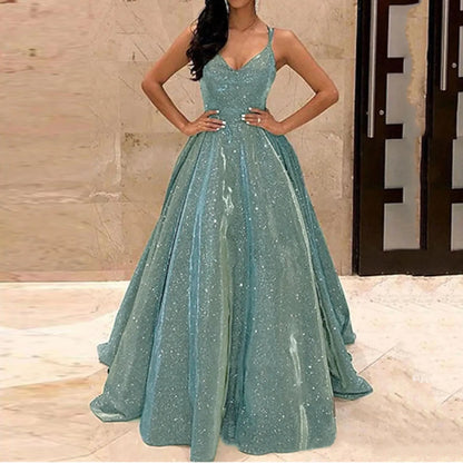 Fall For Women 2024 Spaghetti Strap Sleeveless Glitter Sequin Big Swing Formal Elegant Evening Prom Dress