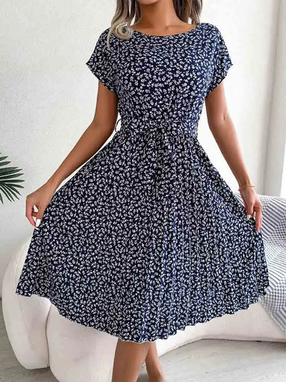 Ditsy Floral Print Cap Sleeve Tie Waist A-Line Midi Dress