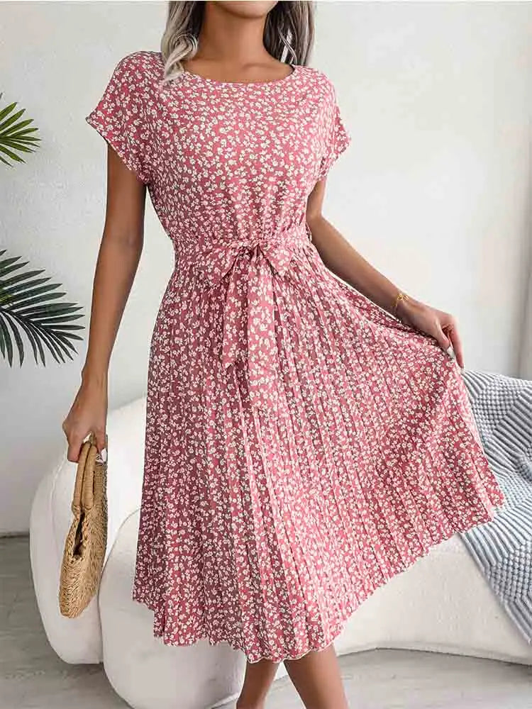 Ditsy Floral Print Crew Neck Short Sleeve Tie Waist Pleated Midi Dress