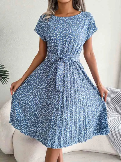 Ditsy Floral Print Cap Sleeve Tie Waist A-Line Midi Dress