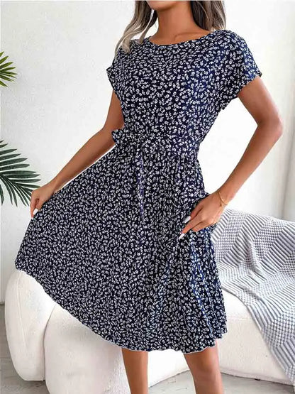 Ditsy Floral Print Cap Sleeve Tie Waist A-Line Midi Dress