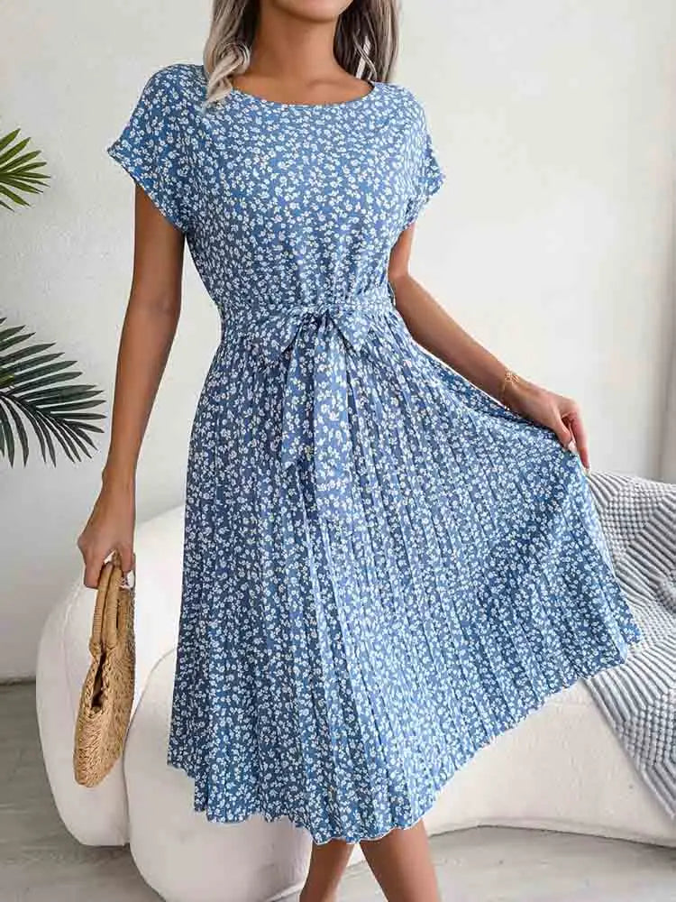 Ditsy Floral Print Cap Sleeve Tie Waist A-Line Midi Dress