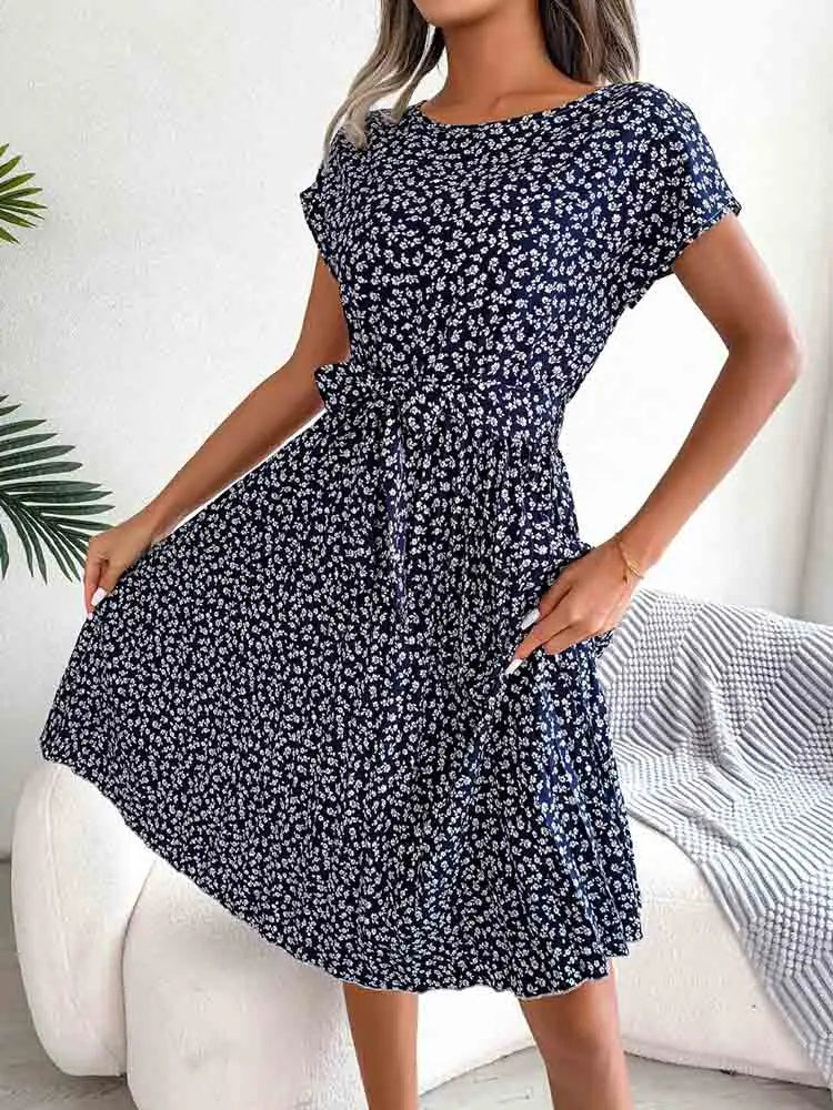 Ditsy Floral Print Cap Sleeve Tie Waist A-Line Midi Dress