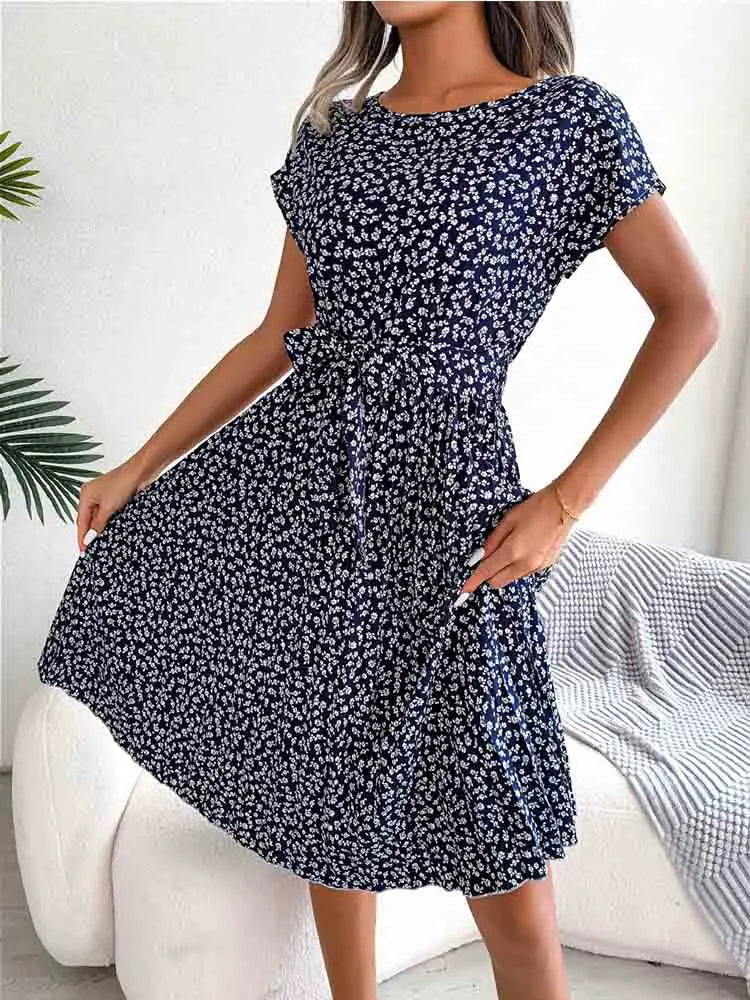 Ditsy Floral Cap Sleeve Round Neck Belted Pleated Fit and Flare Midi Dress