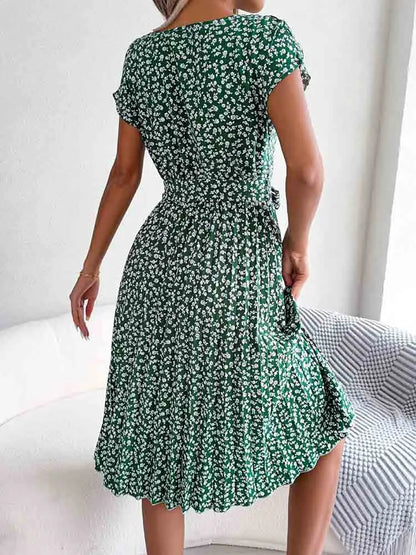 Ditsy Floral Print Cap Sleeve Tie Waist A-Line Midi Dress