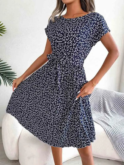 Ditsy Floral Print Crew Neck Short Sleeve Tie Waist Pleated Midi Dress
