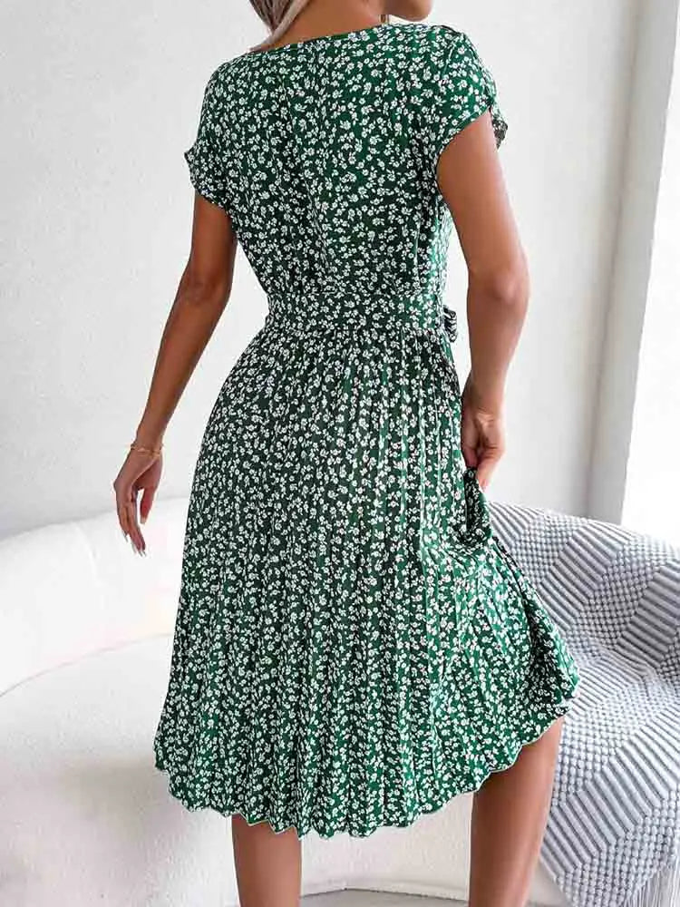 Ditsy Floral Print Crew Neck Short Sleeve Tie Waist Pleated Midi Dress