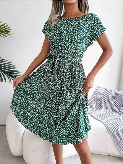 Ditsy Floral Cap Sleeve Round Neck Belted Pleated Fit and Flare Midi Dress