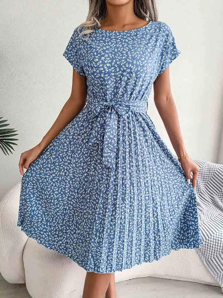 Ditsy Floral Print Crew Neck Short Sleeve Tie Waist Pleated Midi Dress