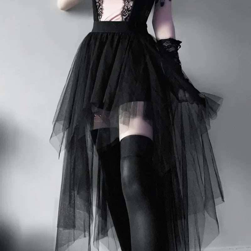 Fashion Net Yarn High-Waisted Irregular for Women Gothic Style Summer Casual Skirt