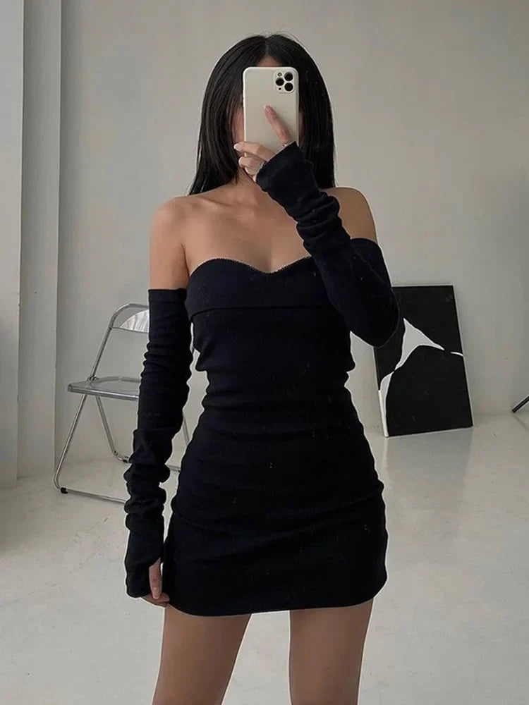 Off Shoulder Autumn Long Basic Black Slash Neck Clothes Midi Dresses