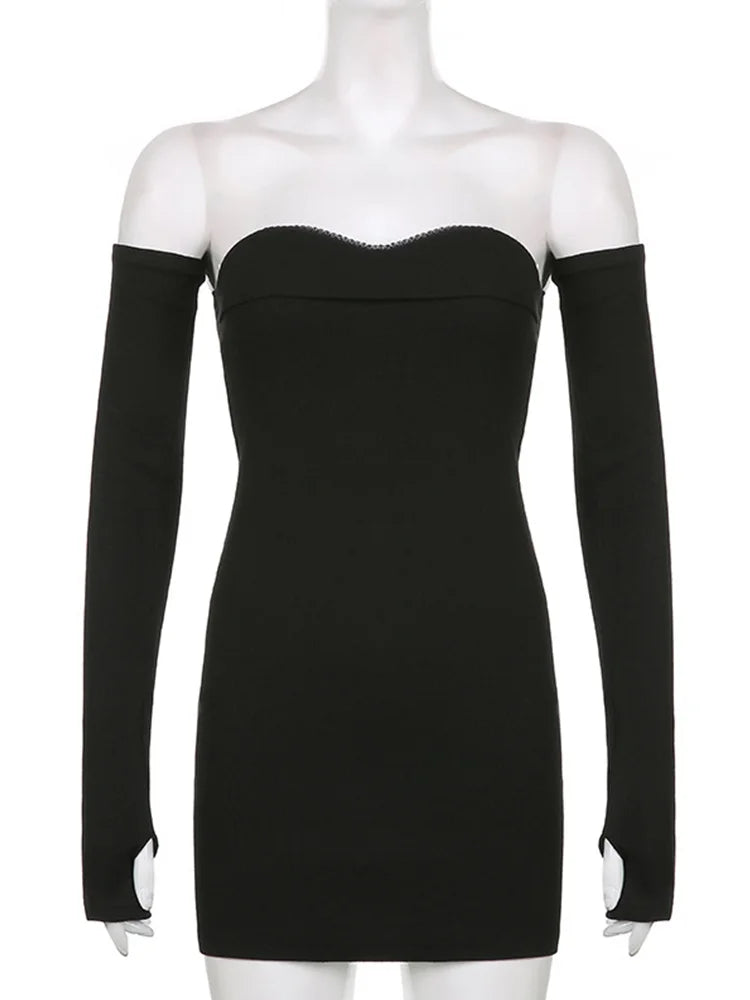 Off Shoulder Autumn Long Basic Black Slash Neck Clothes Midi Dresses