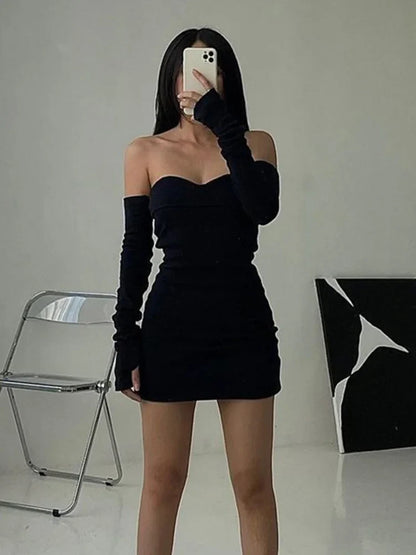 Off Shoulder Autumn Long Basic Black Slash Neck Clothes Midi Dresses