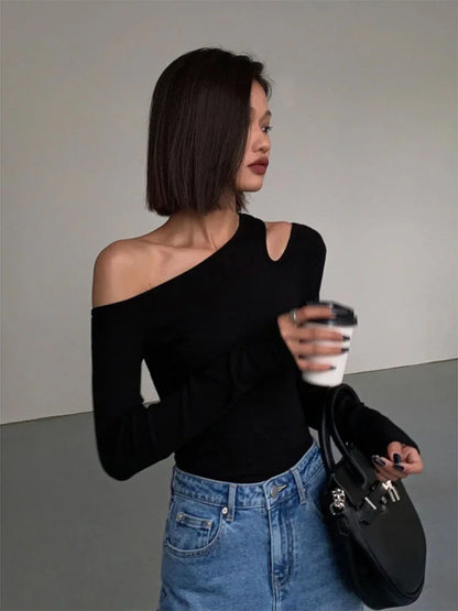 Fashion Skew Collar Off-shoulder Long-sleeved T-shirts Women Spring 2025 New Solid Slim Fit Crop Top Sexy Hollow Out Tees Shirts