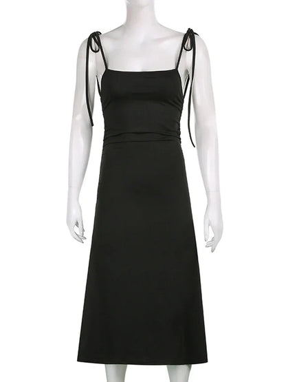 Spaghetti Strap Bow Shoulder Ruched Side Bodycon Midi Dress