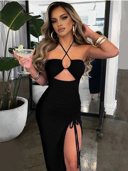 Halter Criss-Cross Keyhole Midriff Cutout Tie Side Slit Ruched Bodycon Midi Dress