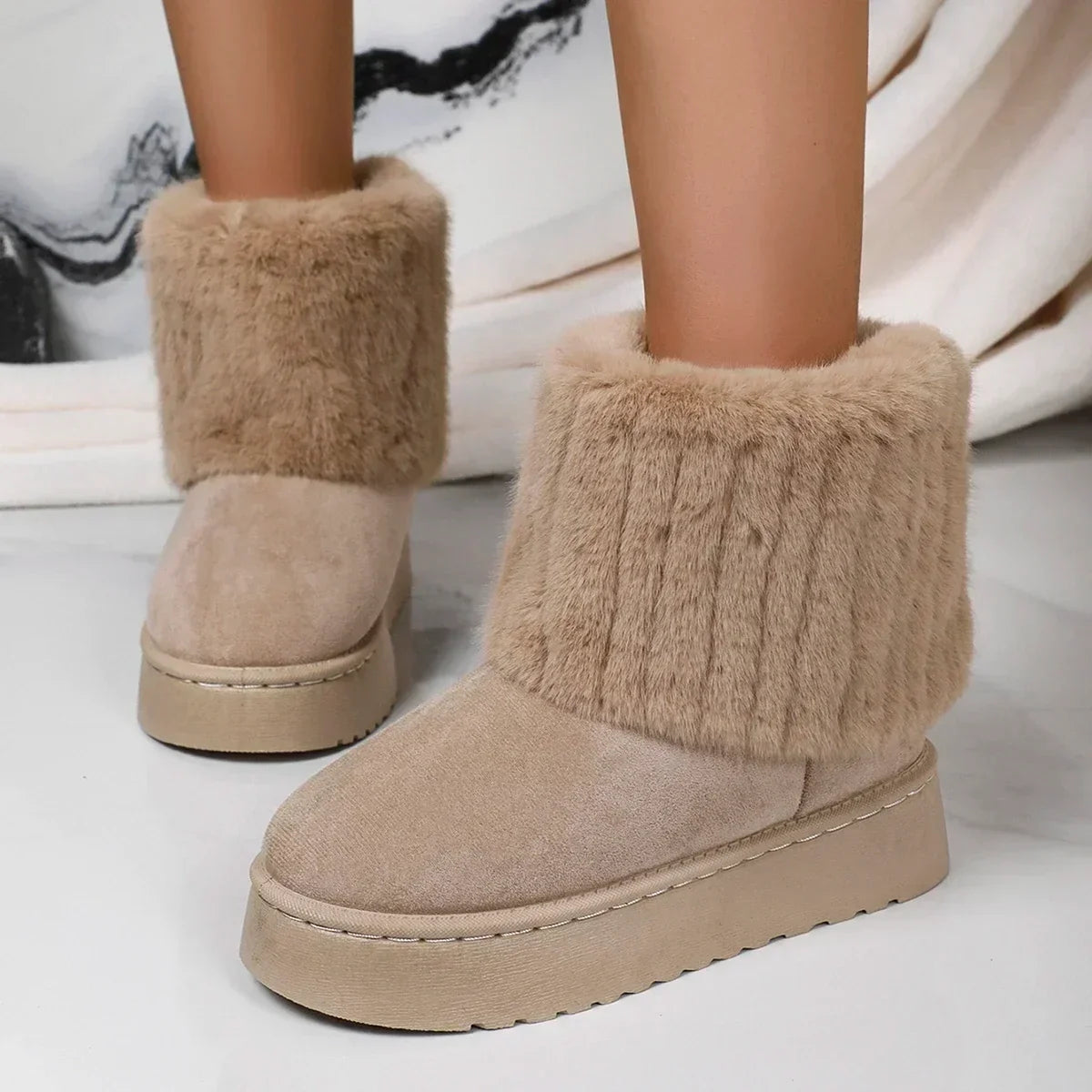 Fashion Women Round Toe Warm Thickened Plush Winter Beige Mid-calf Boots Thick Sole Casual Comfortable Anti-slip Women Snow B