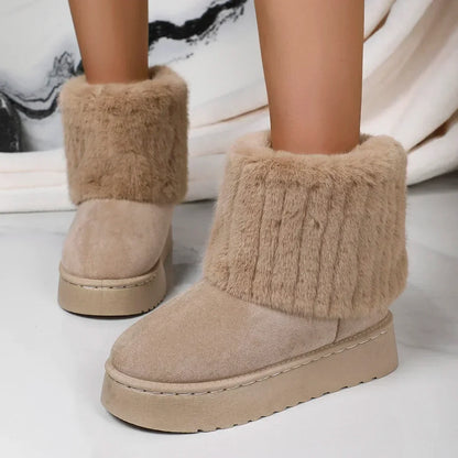Fashion Women Round Toe Warm Thickened Plush Winter Beige Mid-calf Boots Thick Sole Casual Comfortable Anti-slip Women Snow B