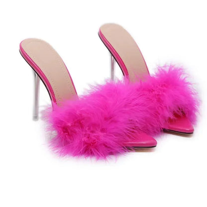 Feather decorated Thin high heel peep toe pointed fashion party High Heel